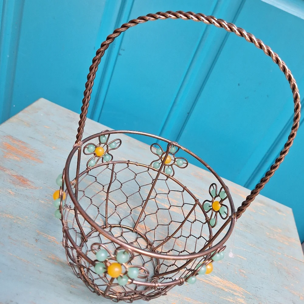 Beaded Easter Basket Silver Metal Woven Steel Aluminum Container w Handle Silver